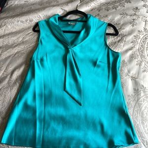 Tahari blue/green blouse with a tie neck